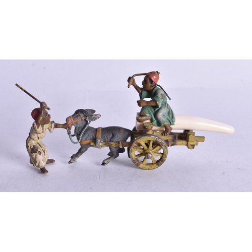 1550 - A Cold Painted Bronze of Arabs attending a Donkey Cart.  4.1cm x 9.4cm x 2.5cm