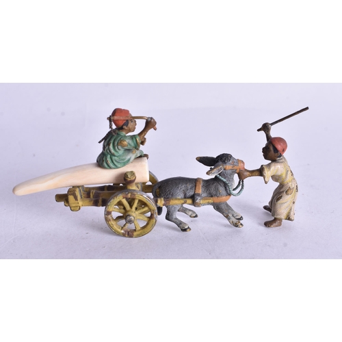1550 - A Cold Painted Bronze of Arabs attending a Donkey Cart.  4.1cm x 9.4cm x 2.5cm