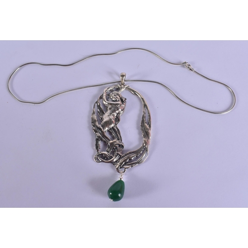 1591 - A Silver Nouveau Style Girl Pendant Necklace.  Stamped 925. Pendant 10.5cm x 4.6cm, Chain 45cm long,... 