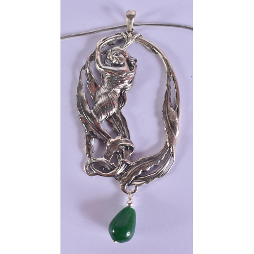 1591 - A Silver Nouveau Style Girl Pendant Necklace.  Stamped 925. Pendant 10.5cm x 4.6cm, Chain 45cm long,... 