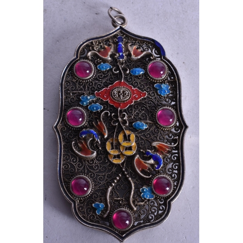 1784 - A Chinese Filigree and Enamel Pendant set with Gems.  8.4cm x 4.9cm, weight 4.9g