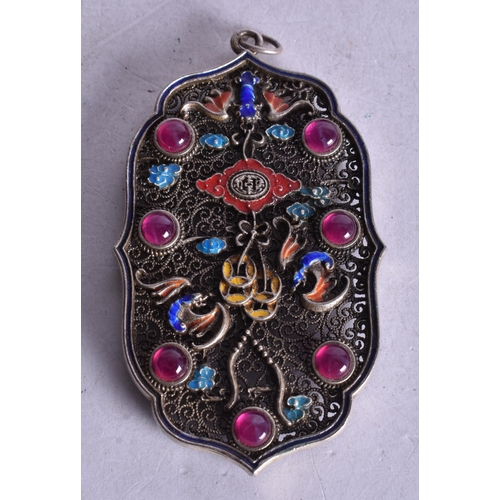 1784 - A Chinese Filigree and Enamel Pendant set with Gems.  8.4cm x 4.9cm, weight 4.9g