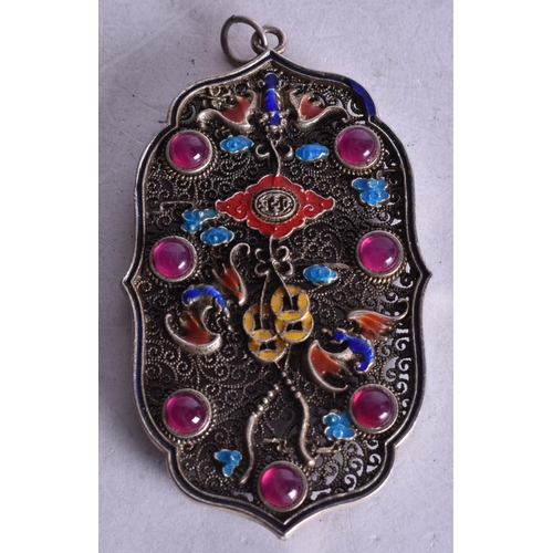 1784 - A Chinese Filigree and Enamel Pendant set with Gems.  8.4cm x 4.9cm, weight 4.9g