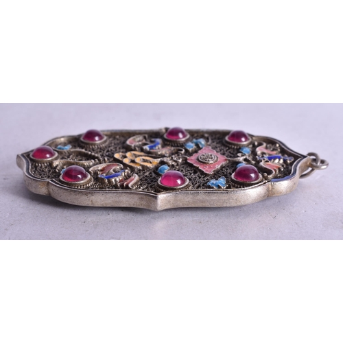 1784 - A Chinese Filigree and Enamel Pendant set with Gems.  8.4cm x 4.9cm, weight 4.9g