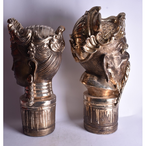 1843 - A LARGE PAIR OF ORIENTAL STYLE POTTERY BUSTS. 63 cm high.