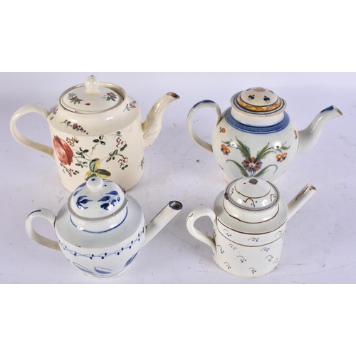 1896 - FOUR ANTIQUE POTTERY TEAPOTS. Largest 18 cm wide. (4)