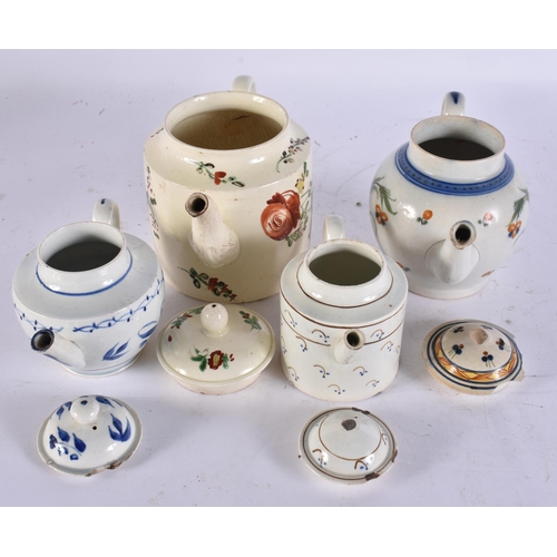 1896 - FOUR ANTIQUE POTTERY TEAPOTS. Largest 18 cm wide. (4)