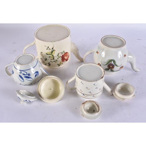 1896 - FOUR ANTIQUE POTTERY TEAPOTS. Largest 18 cm wide. (4)