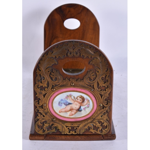 1934 - AN ANTIQUE BURR WALNUT AND SEVRES PORCELAIN BOOKRACK. 32 cm x 16 cm.