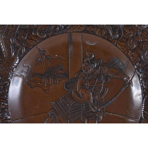 1944 - A 19TH CENTURY JAPANESE MEIJI PERIOD MIXED METAL SAMURAI DISH. 30 cm diameter.