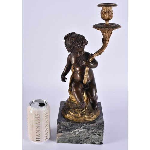 1956 - A 19TH CENTURY FRENCH BRONZE AND MARBLE FIGURAL CANDLESTICK. 39 cm high.