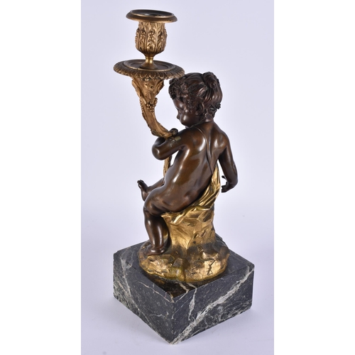1956 - A 19TH CENTURY FRENCH BRONZE AND MARBLE FIGURAL CANDLESTICK. 39 cm high.
