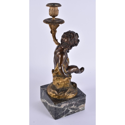 1956 - A 19TH CENTURY FRENCH BRONZE AND MARBLE FIGURAL CANDLESTICK. 39 cm high.