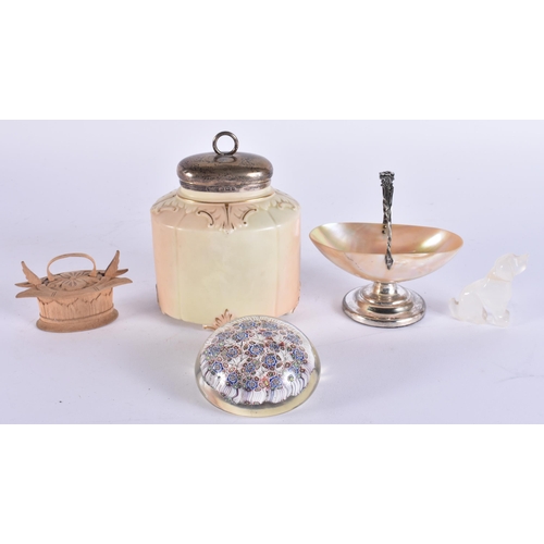 1989 - AN ANTIQUE GLASS PAPERWEIGHT together with a silver mounted Worcester jar etc. (qty)