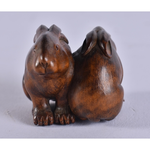 2024 - A FINE 19TH CENTURY JAPANESE MEIJI PERIOD CARVED WOOD HARE NETSUKE with amber eyes. 4 cm x 3.5 cm.