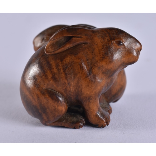2024 - A FINE 19TH CENTURY JAPANESE MEIJI PERIOD CARVED WOOD HARE NETSUKE with amber eyes. 4 cm x 3.5 cm.