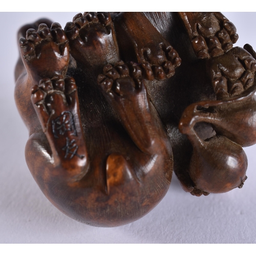 2024 - A FINE 19TH CENTURY JAPANESE MEIJI PERIOD CARVED WOOD HARE NETSUKE with amber eyes. 4 cm x 3.5 cm.