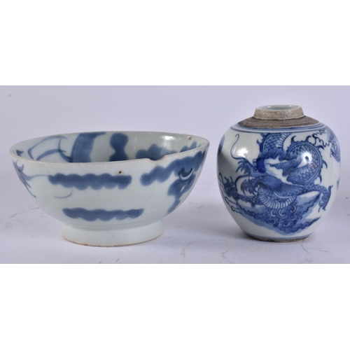 2039 - A CHINESE QING DYNASTY BLUE AND WHITE PORCELAIN DRAGON DISH together with other porcelain. Largest 1... 