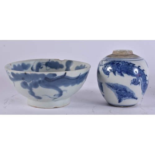 2039 - A CHINESE QING DYNASTY BLUE AND WHITE PORCELAIN DRAGON DISH together with other porcelain. Largest 1... 