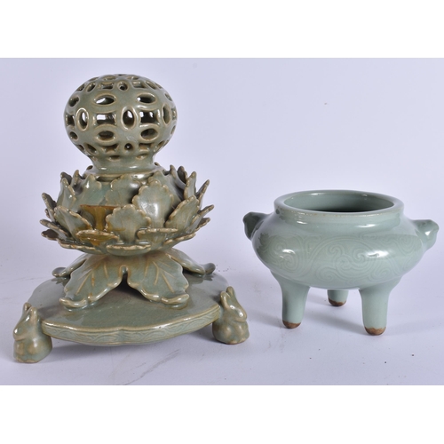 2040 - TWO 19TH CENTURY CHINESE KOREAN CELADON PORCELAIN CENSERS. Largest 18 cm x 10 cm. (2)
