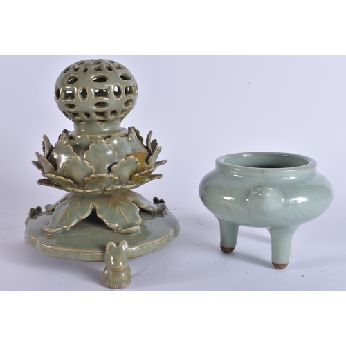 2040 - TWO 19TH CENTURY CHINESE KOREAN CELADON PORCELAIN CENSERS. Largest 18 cm x 10 cm. (2)