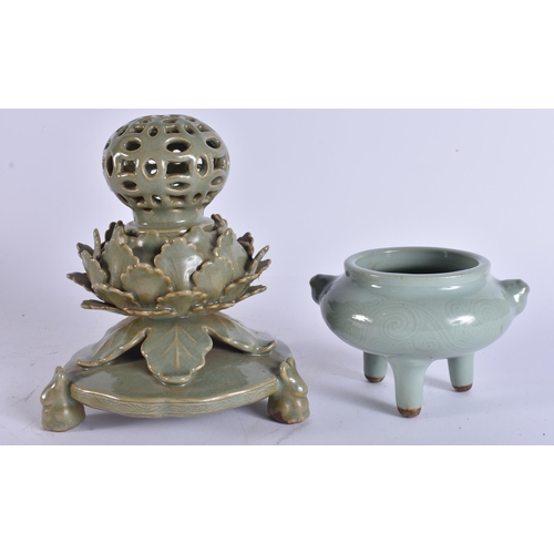 2040 - TWO 19TH CENTURY CHINESE KOREAN CELADON PORCELAIN CENSERS. Largest 18 cm x 10 cm. (2)