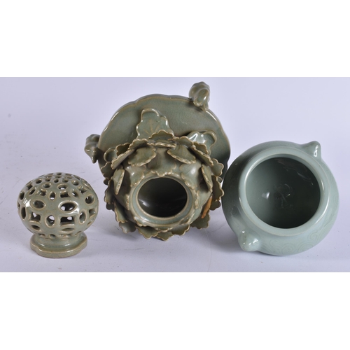 2040 - TWO 19TH CENTURY CHINESE KOREAN CELADON PORCELAIN CENSERS. Largest 18 cm x 10 cm. (2)