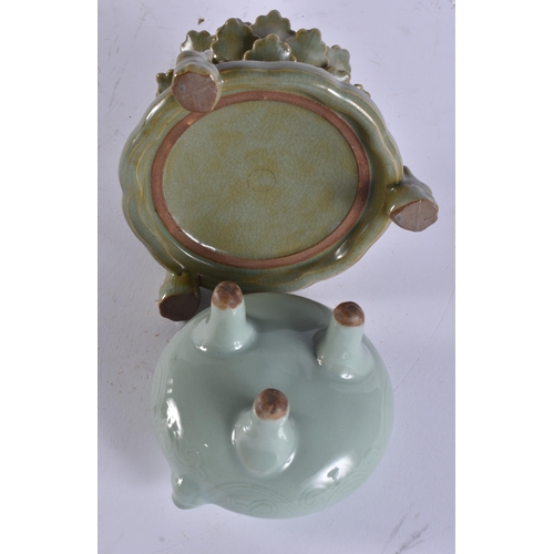 2040 - TWO 19TH CENTURY CHINESE KOREAN CELADON PORCELAIN CENSERS. Largest 18 cm x 10 cm. (2)