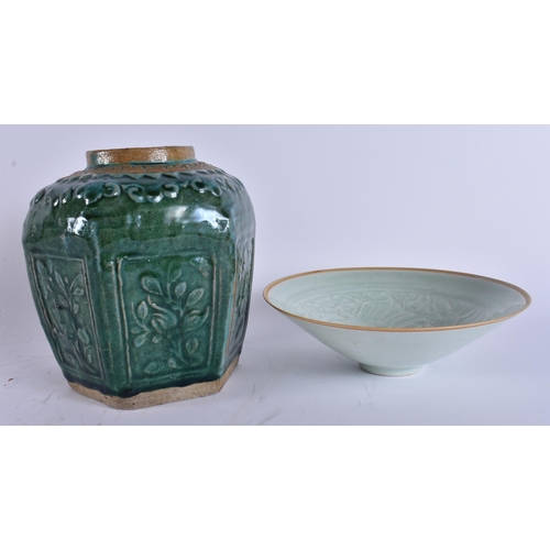 2050 - A CHINESE QING DYNASTY GREEN GLAZED GINGER JAR together with a blue glazed dragon bowl. Largest 20 c... 