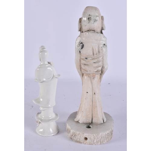 2079 - A CHINESE BLANC DE CHINE PORCELAIN FIGURE together with a stone immortal. Largest 24 cm high. (2)