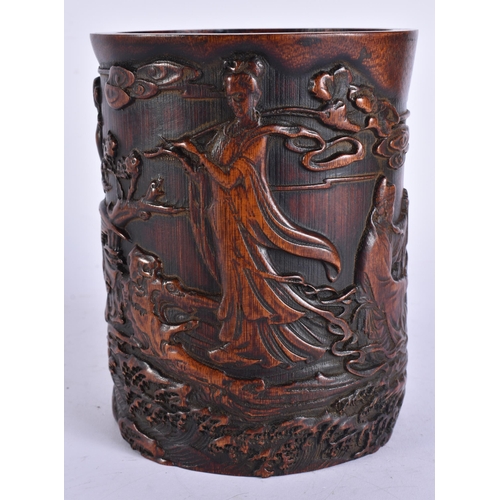 2202 - A CHINESE CARVED BAMBOO BRUSH POT. 16.5 cm high.