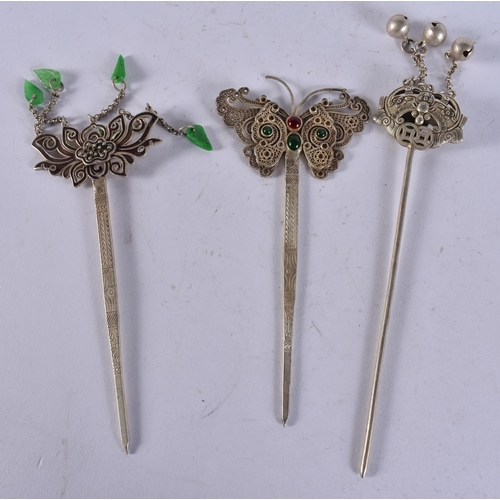 2331 - THREE CHINESE WHITE METAL HAIR PINS. 88 grams. 16 cm long. (3)