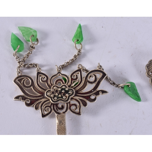 2331 - THREE CHINESE WHITE METAL HAIR PINS. 88 grams. 16 cm long. (3)