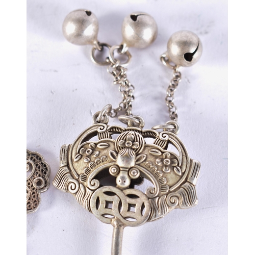 2331 - THREE CHINESE WHITE METAL HAIR PINS. 88 grams. 16 cm long. (3)