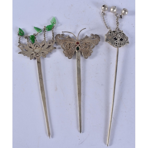 2331 - THREE CHINESE WHITE METAL HAIR PINS. 88 grams. 16 cm long. (3)