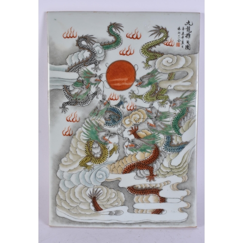 2535 - A CHINESE FAMILLE ROSE PORCELAIN DRAGON TILE. 38 cm x 20 cm.