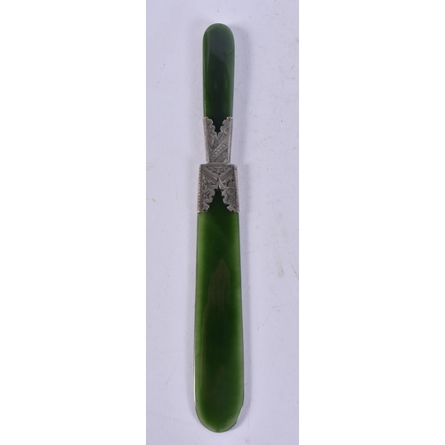 2581 - A SILVER MOUNTED JADE LETTER OPENER. 55 grams. 24 cm long.