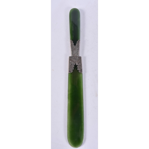 2581 - A SILVER MOUNTED JADE LETTER OPENER. 55 grams. 24 cm long.