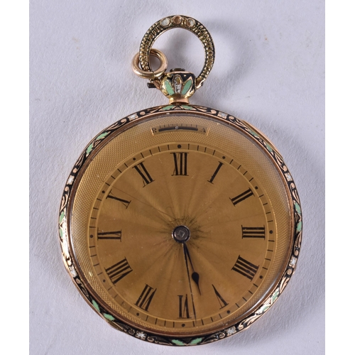 2583 - A FINE 18CT GOLD AND ENAMEL POCKET WATCH. 22.3 grams. 3.5 cm wide.