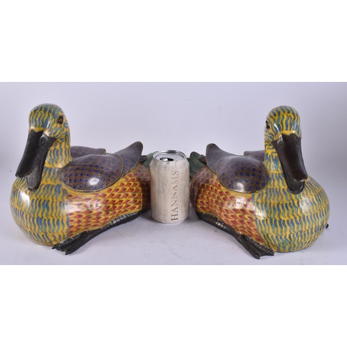 2684 - A LARGE PAIR OF CHINESE CLOISONNE ENAMEL DUCKS. 27 cm wide.
