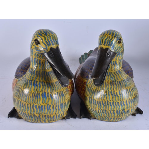 2684 - A LARGE PAIR OF CHINESE CLOISONNE ENAMEL DUCKS. 27 cm wide.