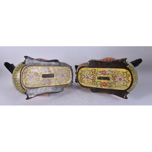 2684 - A LARGE PAIR OF CHINESE CLOISONNE ENAMEL DUCKS. 27 cm wide.