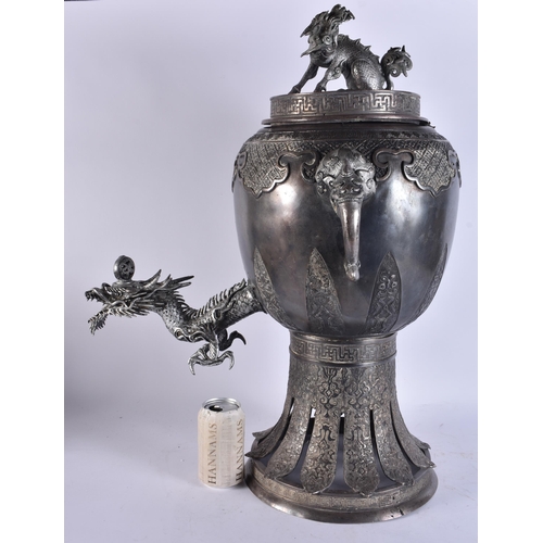 2697 - A LARGE EARLY 20TH CENTURY JAPANESE MEIJI PERIOD SILVERED BRONZE SAMOVAR. 68 cm x 24 cm.