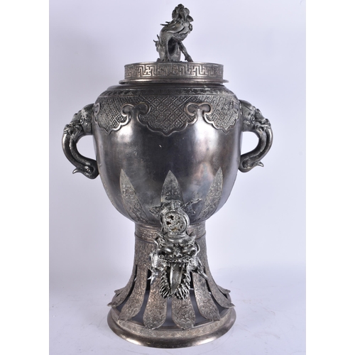 2697 - A LARGE EARLY 20TH CENTURY JAPANESE MEIJI PERIOD SILVERED BRONZE SAMOVAR. 68 cm x 24 cm.