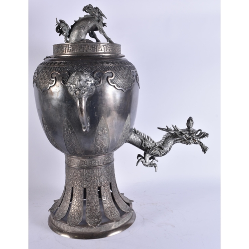 2697 - A LARGE EARLY 20TH CENTURY JAPANESE MEIJI PERIOD SILVERED BRONZE SAMOVAR. 68 cm x 24 cm.