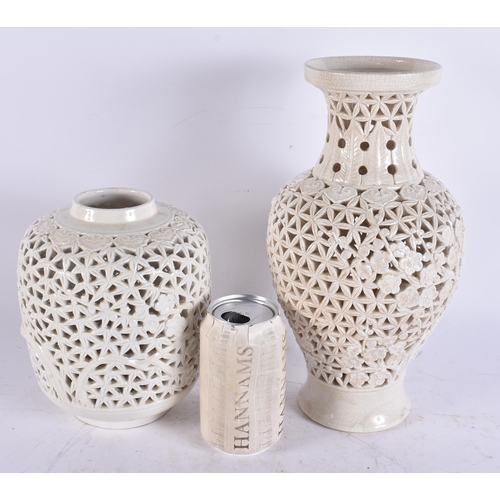 2710 - TWO EARLY 20TH CENTURY CHINEE RETICULATED BLANC DE CHINE VASES Late Qing/Republic. Largest 30 cm hig... 