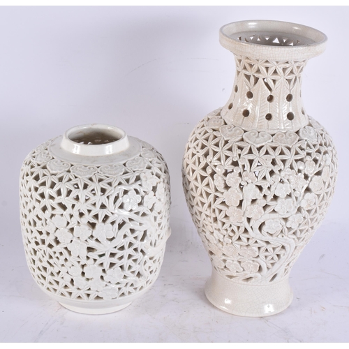 2710 - TWO EARLY 20TH CENTURY CHINEE RETICULATED BLANC DE CHINE VASES Late Qing/Republic. Largest 30 cm hig... 