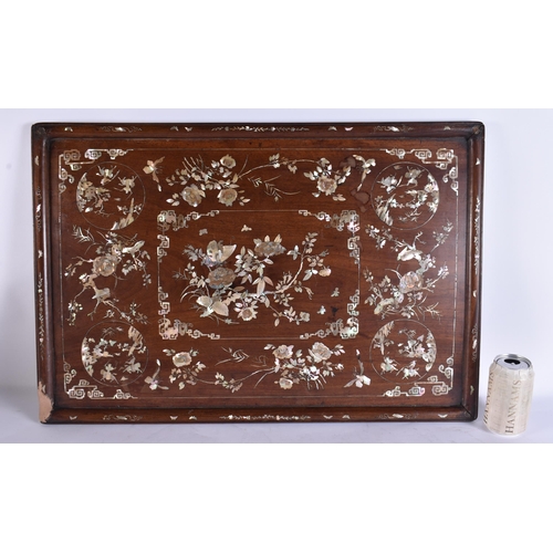 2746 - A LARGE 19TH CENTURY CHINESE HARDWOOD MOTHER OF PEARL INLAID TRAY Qing. 70 cm x 45 cm.