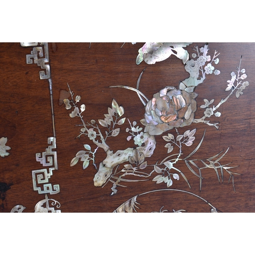 2746 - A LARGE 19TH CENTURY CHINESE HARDWOOD MOTHER OF PEARL INLAID TRAY Qing. 70 cm x 45 cm.