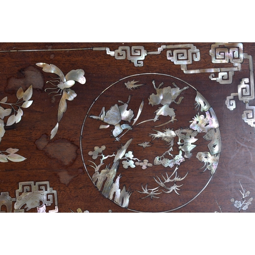 2746 - A LARGE 19TH CENTURY CHINESE HARDWOOD MOTHER OF PEARL INLAID TRAY Qing. 70 cm x 45 cm.
